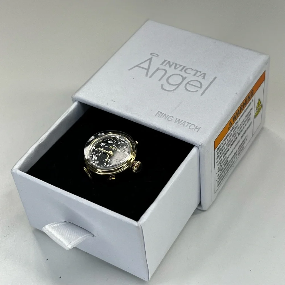 INVICTA Mini Angel‎ Quartz Crystal Black Dial Ladies Men’s Gold Ring Watch NWB